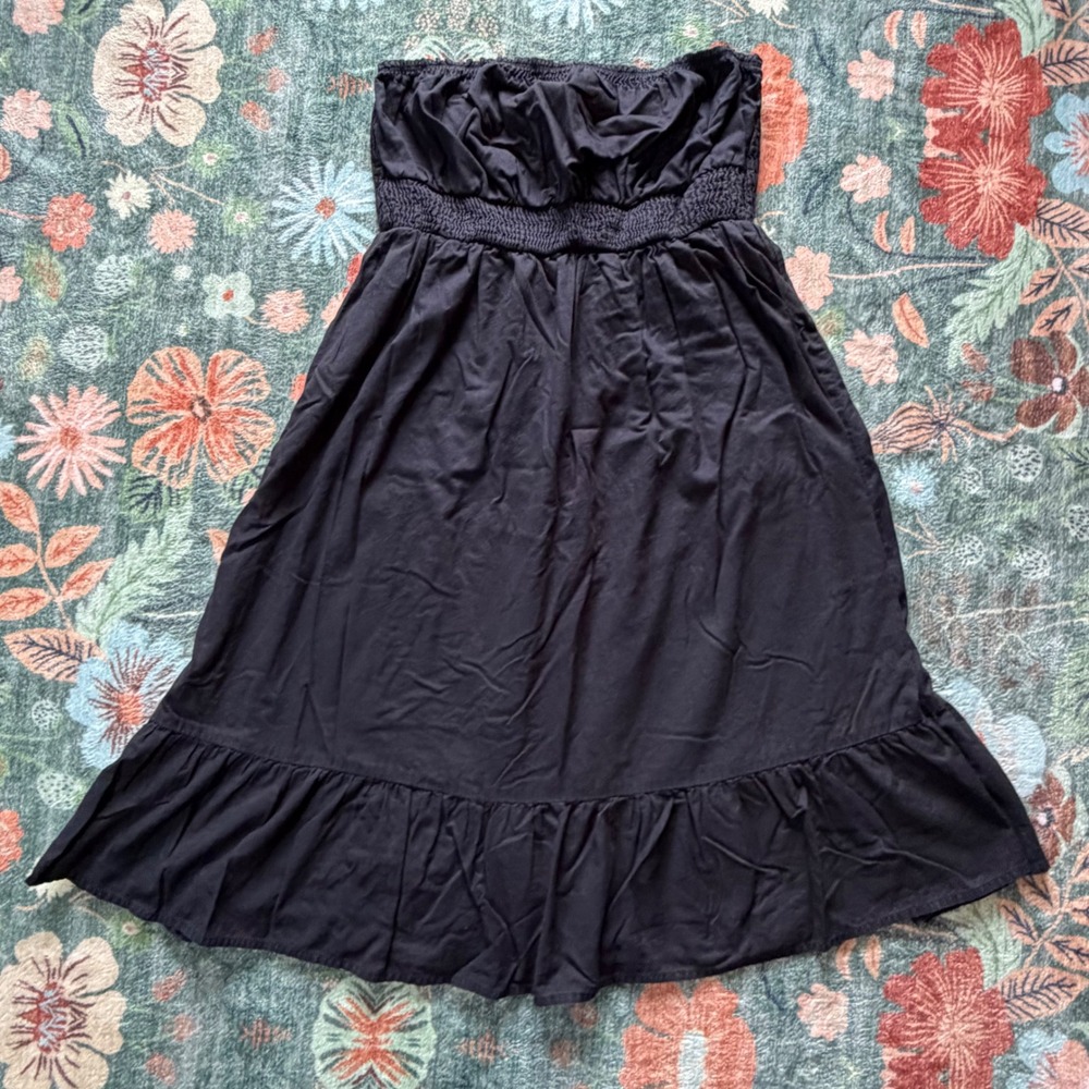 Fei Anthropologie Black Strapless Smocked Cotton Ruffle Hem Midi Dress Small